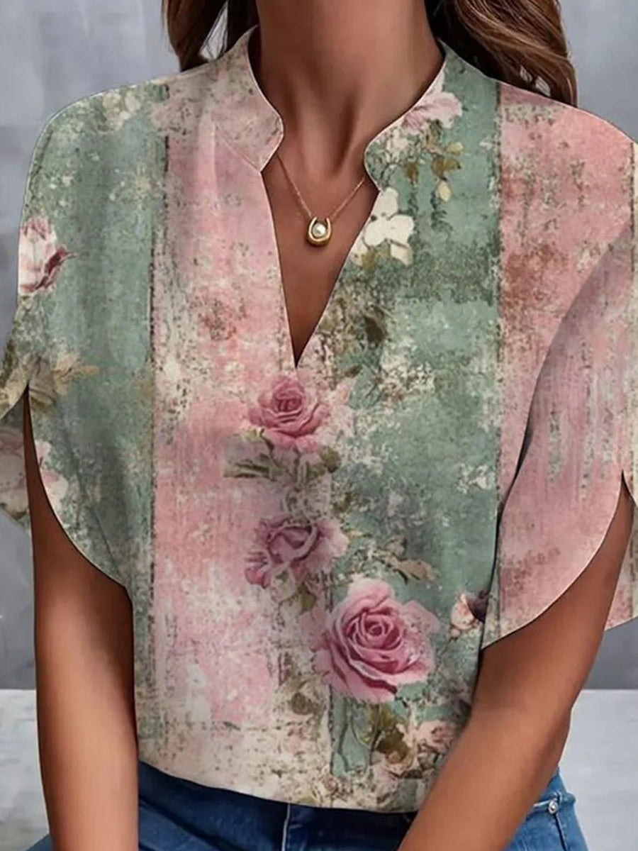 Pink Floral Print V-neck Short Sleeve Top