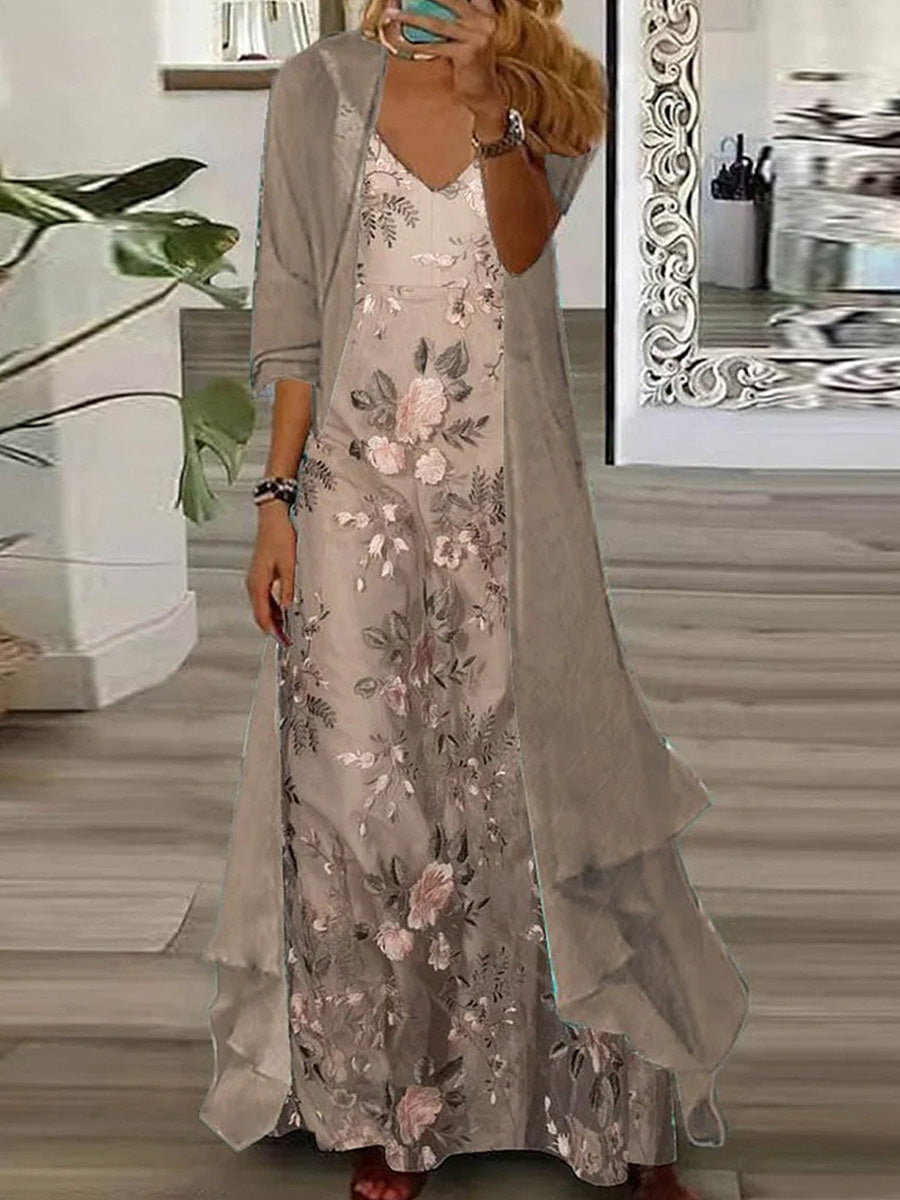 Elegant Floral Maxi Dress with Open-Front Layered Cardigan