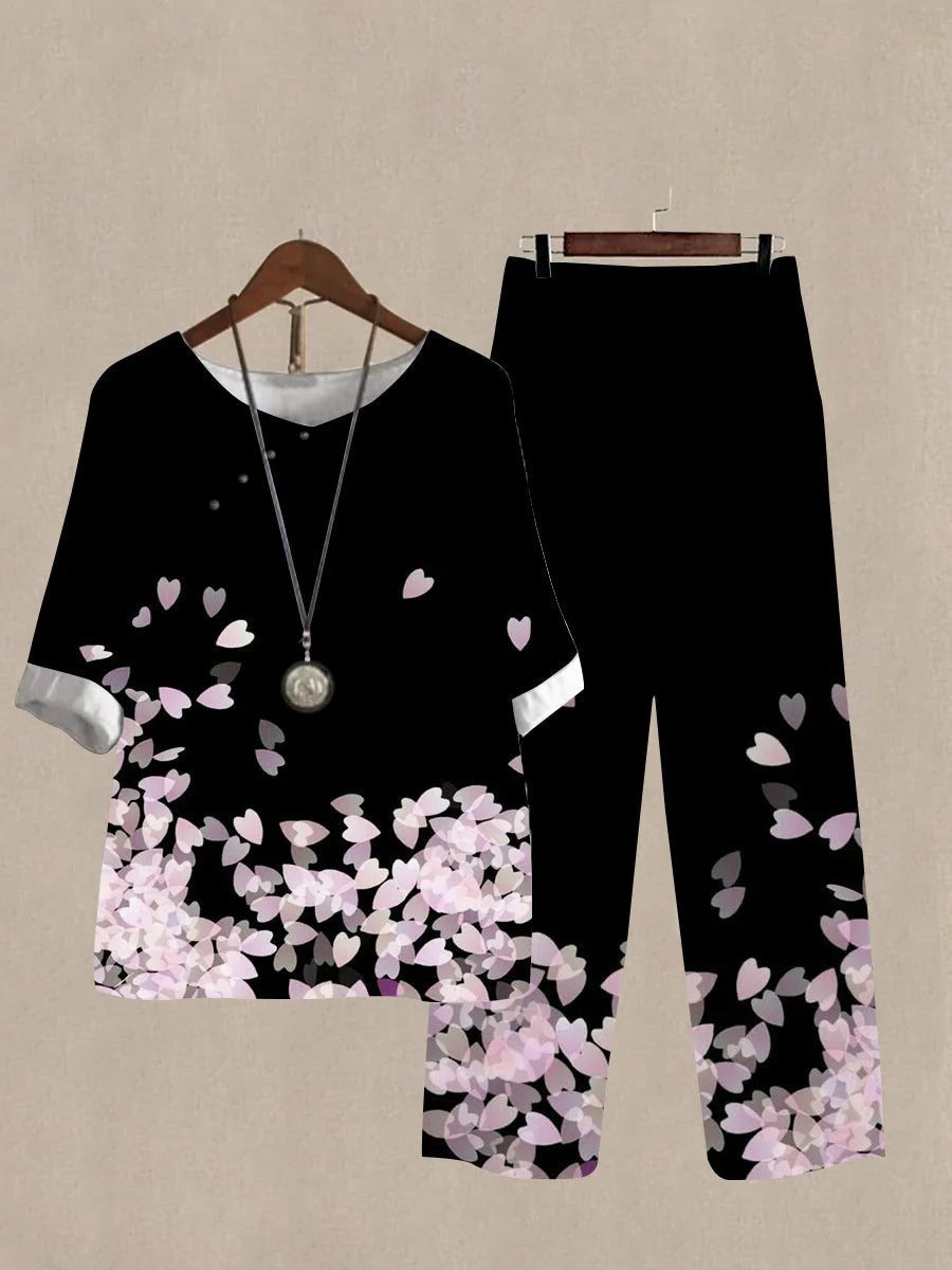 Black Casual Round Neck Printed Daily Two Piece Suit