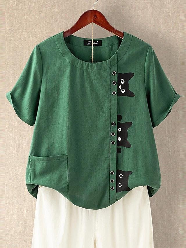 LilyWish Cat Print Buttons Short Sleeve Blouse
