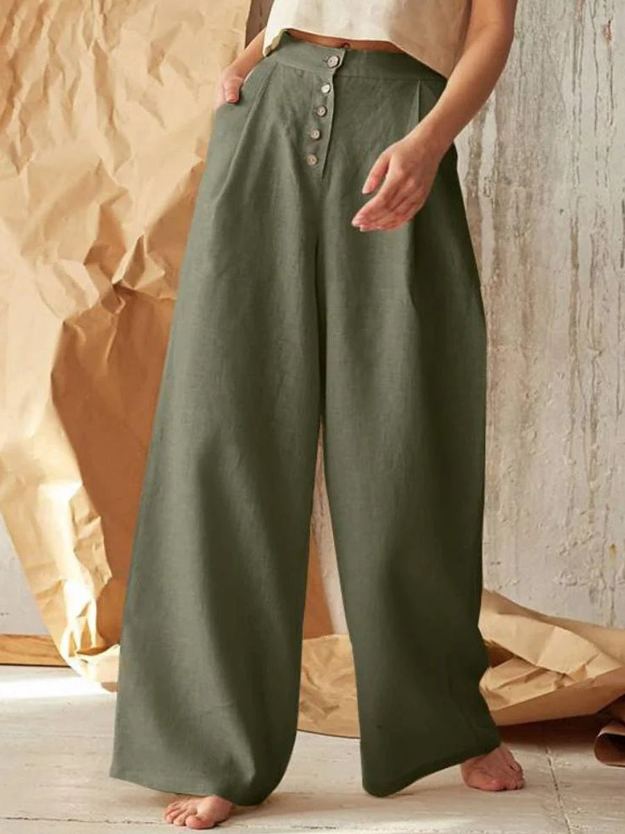 LilyWish Solid Color High Waist Casual Button Cotton Wide Leg Pants
