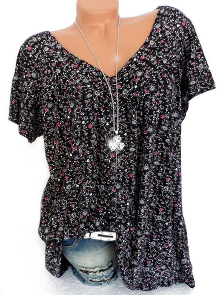 LilyWish Print Floral Short Sleeve V-neck Blouse