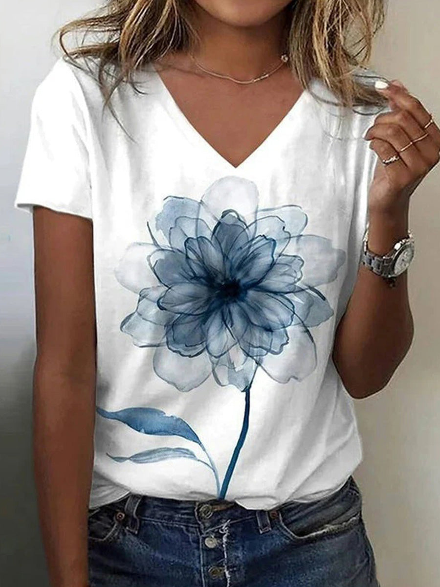 LilyWish Vintage Floral Print V-neck Short Sleeve T-Shirt