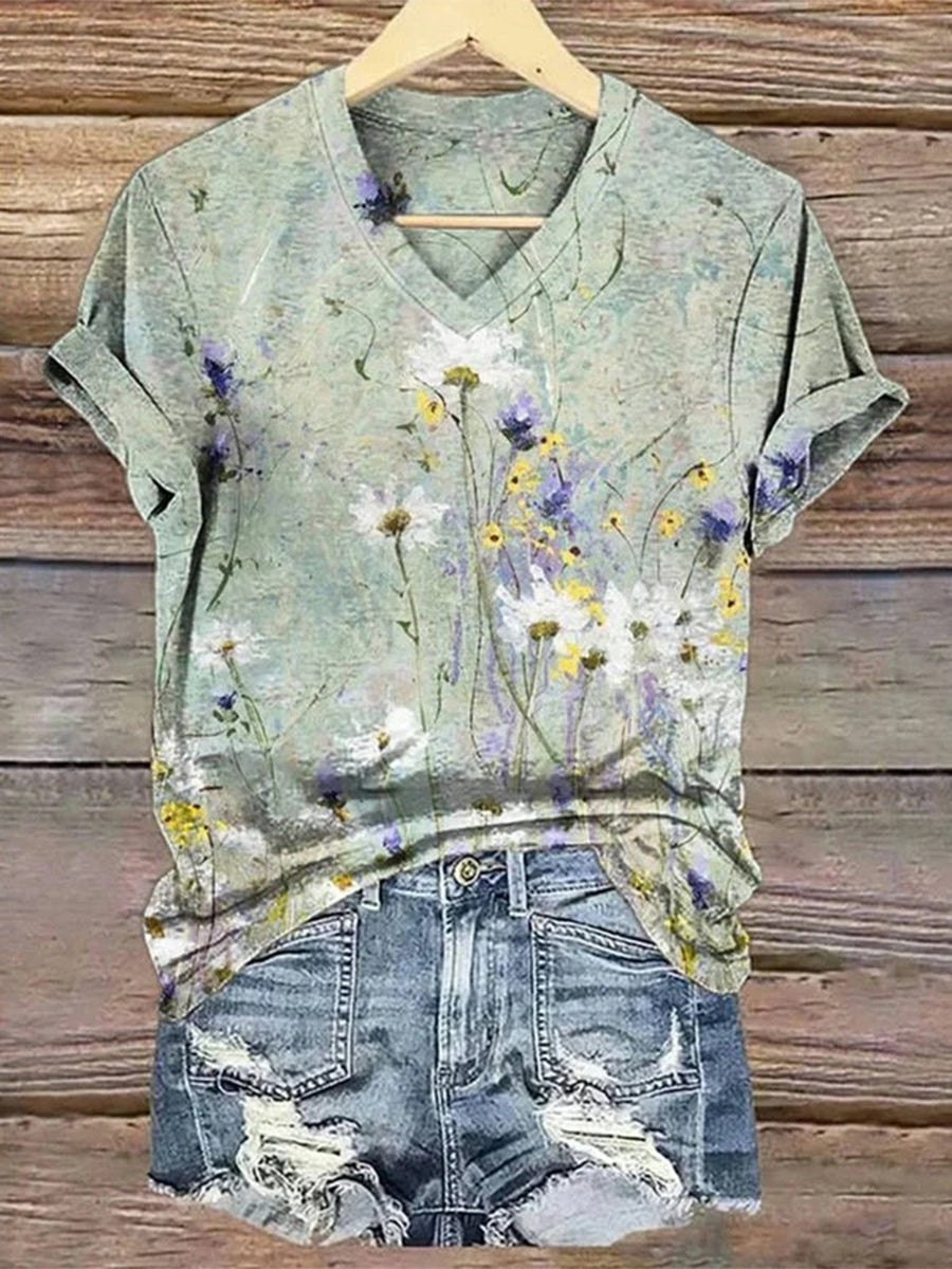 LilyWish Vintage Floral Print V-neck Short Sleeve T-Shirt