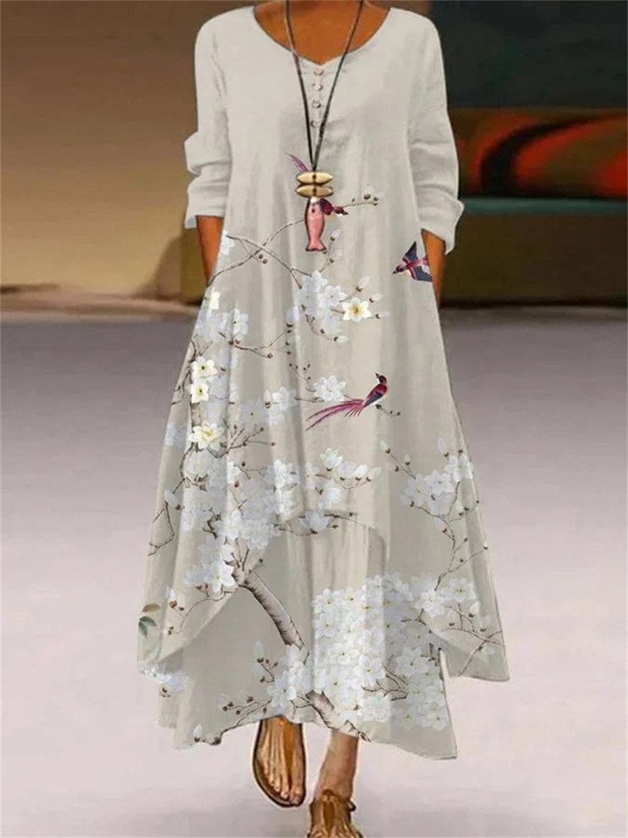 Casual Floral Print Crew Neck Long Sleeve Layered Hem Maxi Dress