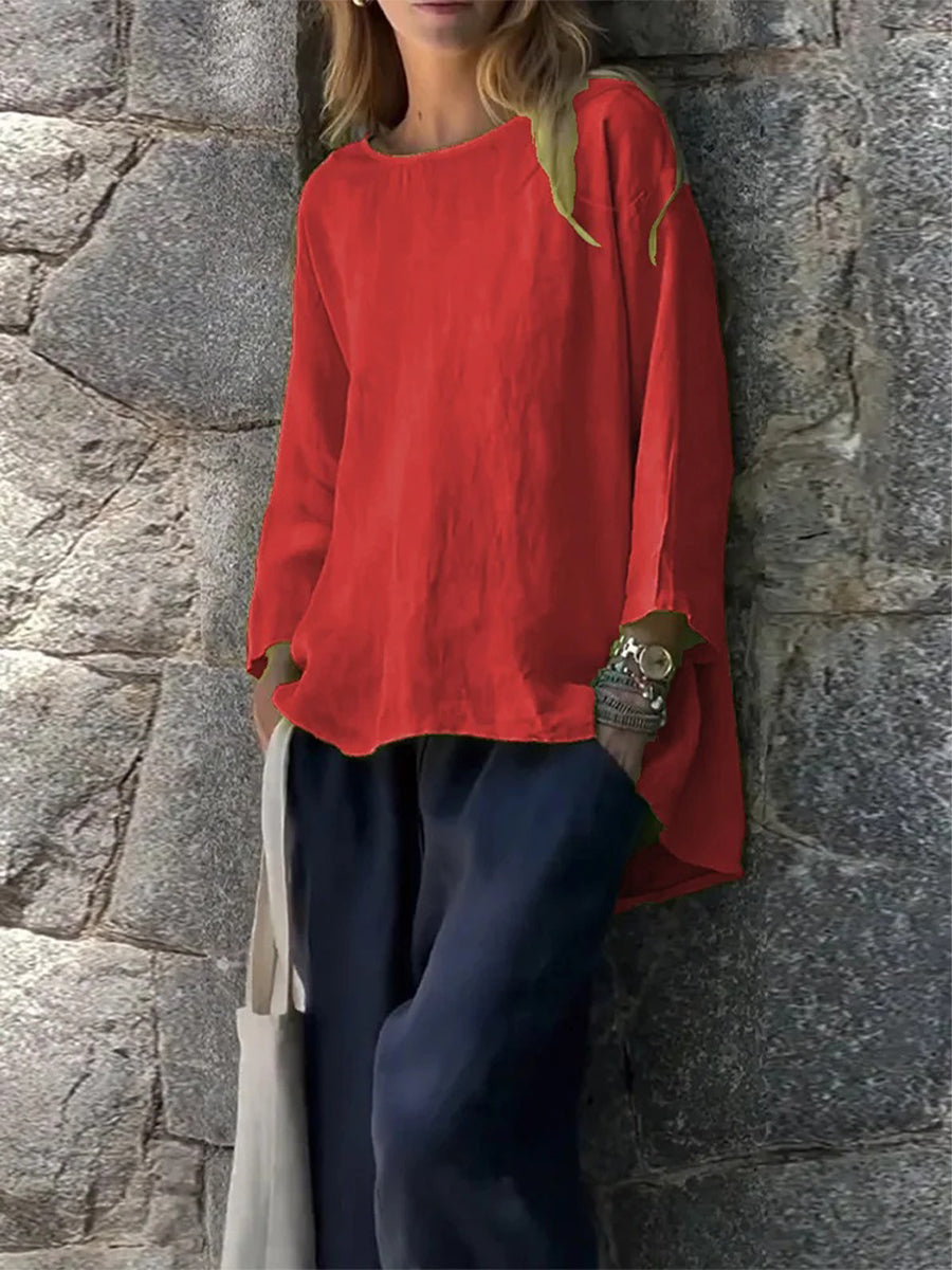 Women’s Solid Cotton Loose Fit Long Sleeve Sleeve Casual Top