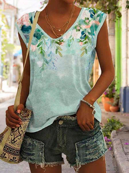 Green Casual Graphic Tops V Neck Printed Sleeveless Tank