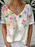 Casual Floral Print V-neck Short Sleeve T-Shirt
