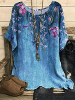 LilyWish Peacock Blue Casual Graphic Tops Round Neck Floral Printed Short Sleeve Blouse