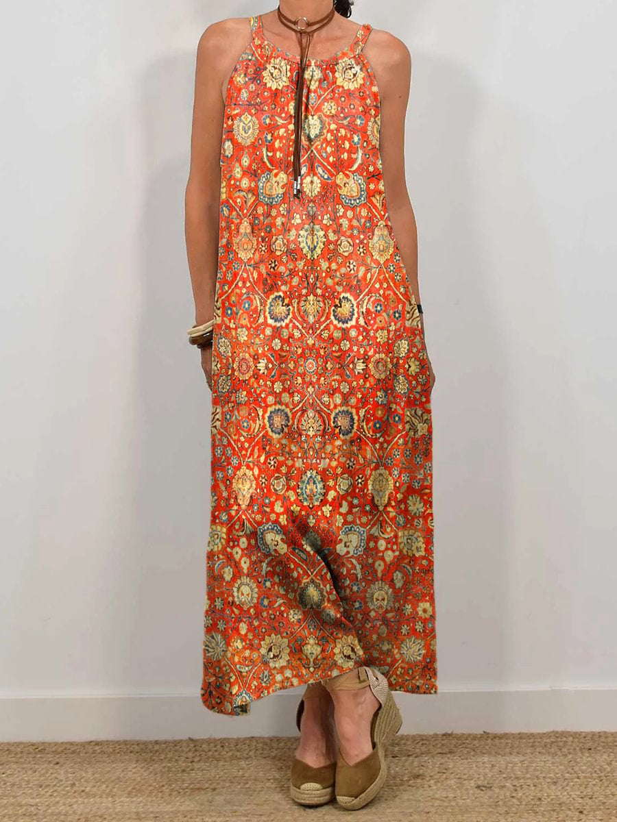 LilyWish Women's Bohemian Ethnic Art Print Sleeveless Pocket Dress