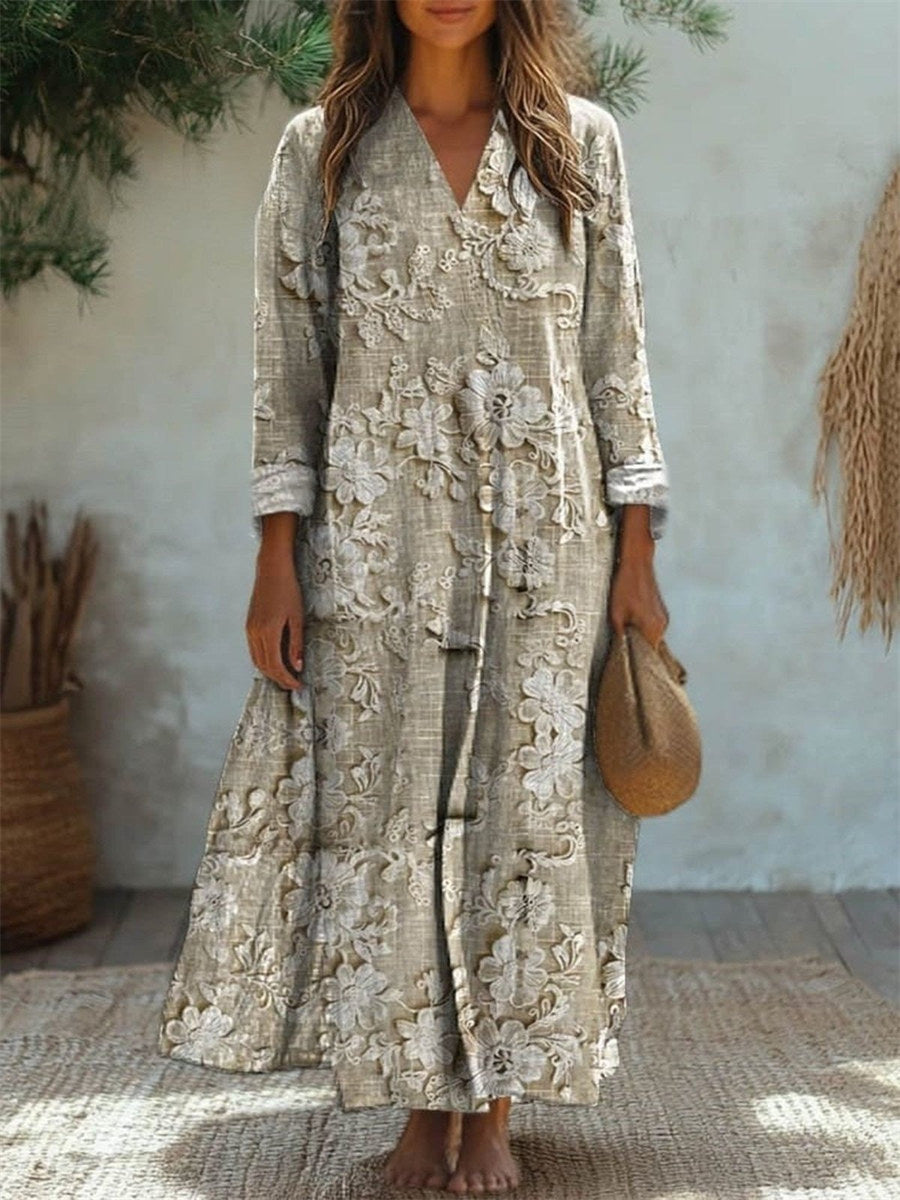 Elegant Floral Printed V Neck Long Sleeve Comfy Maxi Dress