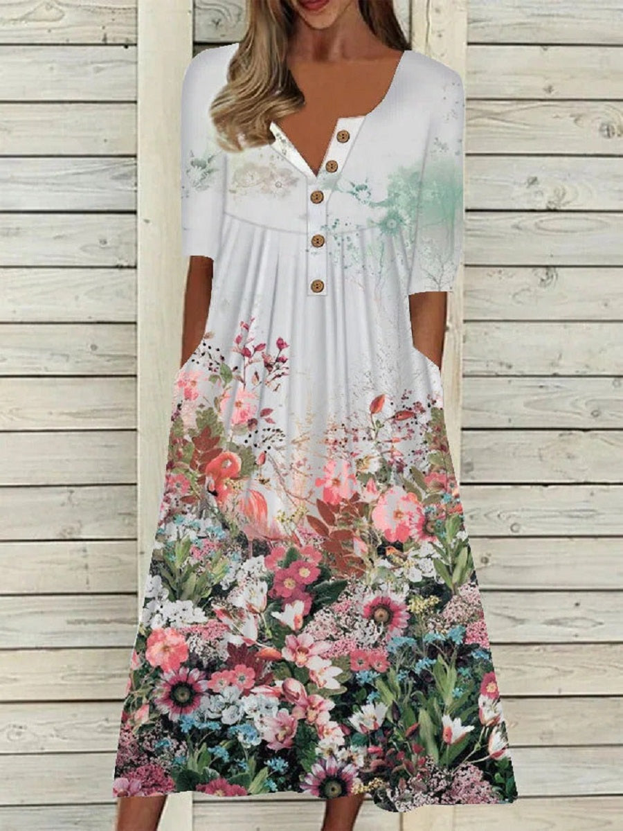 White Casual V Neck Floral Printed Short Sleeve Dresses