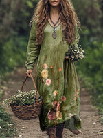 Floral Printed V Neck Long Sleeve Daily Casual Maxi Dress