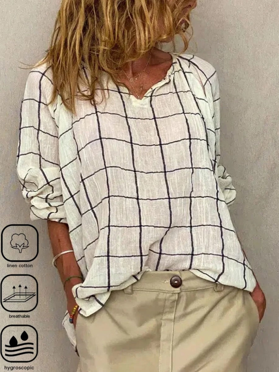 LilyWish Plaid Casual Long Sleeve Loose V Neck Shirt