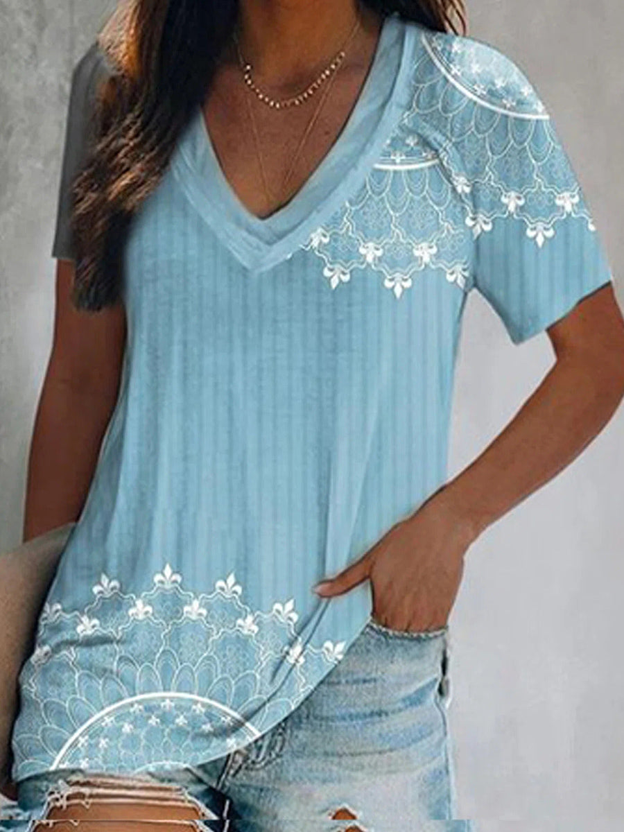 Mandala Tribal Print V-neck Short Sleeve Blue T-shirt