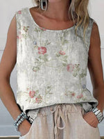 Retro Floral Art Print Casual Cotton And Linen Tank Top