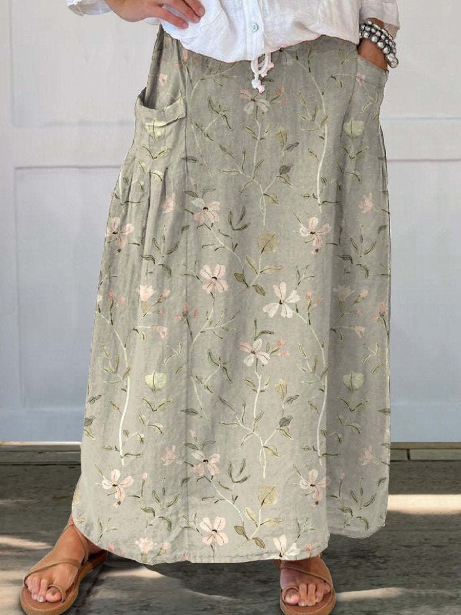 LilyWish Vintage Floral Printed Artistic Pocket Skirt