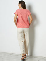 LilyWish Hot Coral Feather Print V-neck Short Sleeve Blouse