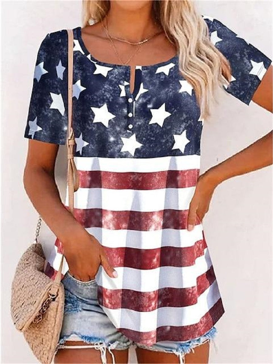 LilyWish Navy Blue Casual Round Neck Flag Printed Short Sleeve Blouse