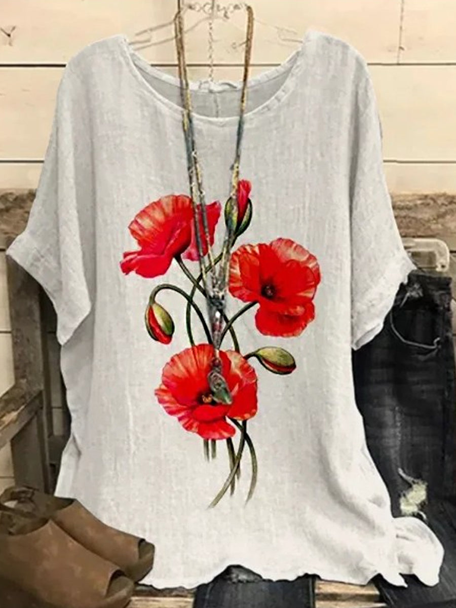 White Casual Round Neck Floral Printed Short Sleeve Blouse