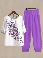 LilyWish Purple Casual Round Neck Butterfly Printed Half Sleeve Two Piece Sets