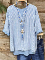 Blue V-neck Half Sleeve Striped Print Top