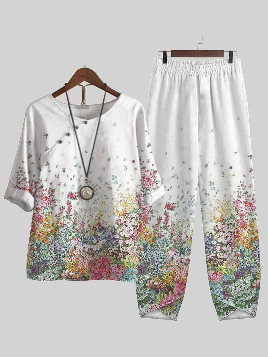 White Casual Round Neck Floral Printed Half Sleeve Two Piece Sets