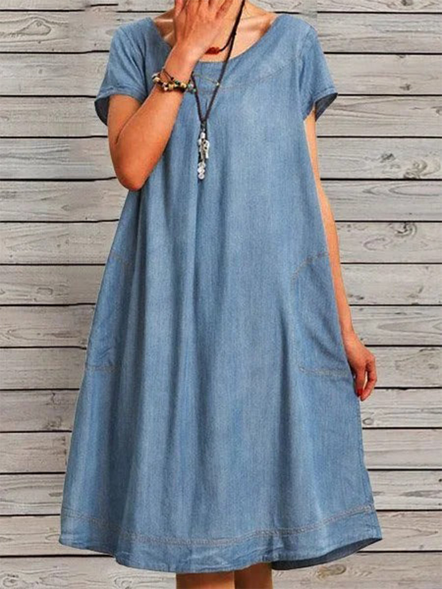 Casual Denim A-Line Round Neck Midi Dress