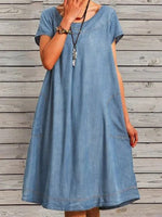 Casual Denim A-Line Round Neck Midi Dress