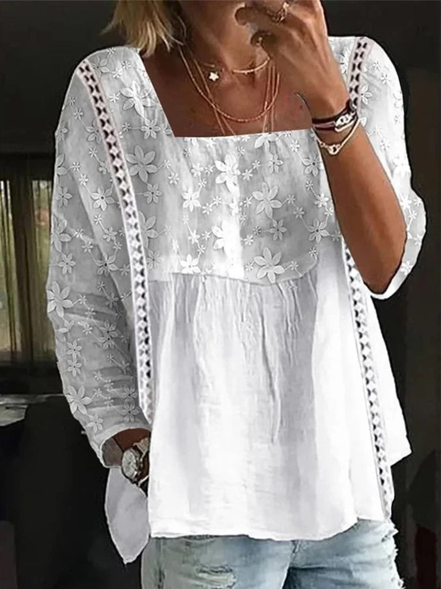 LilyWish Elegant Embroidered Mesh Panel Top