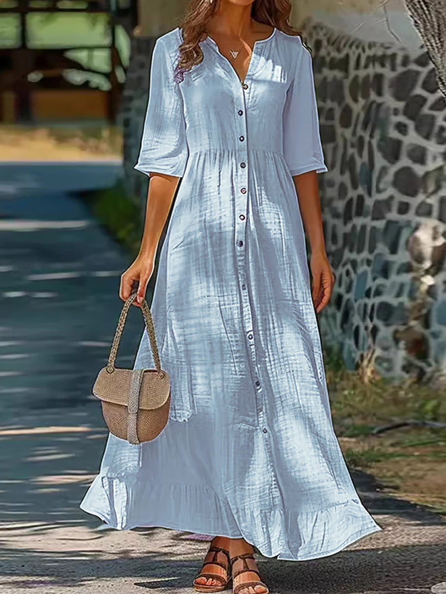 Plain V-neck Half Sleeve Loose Blue Maxi Dress