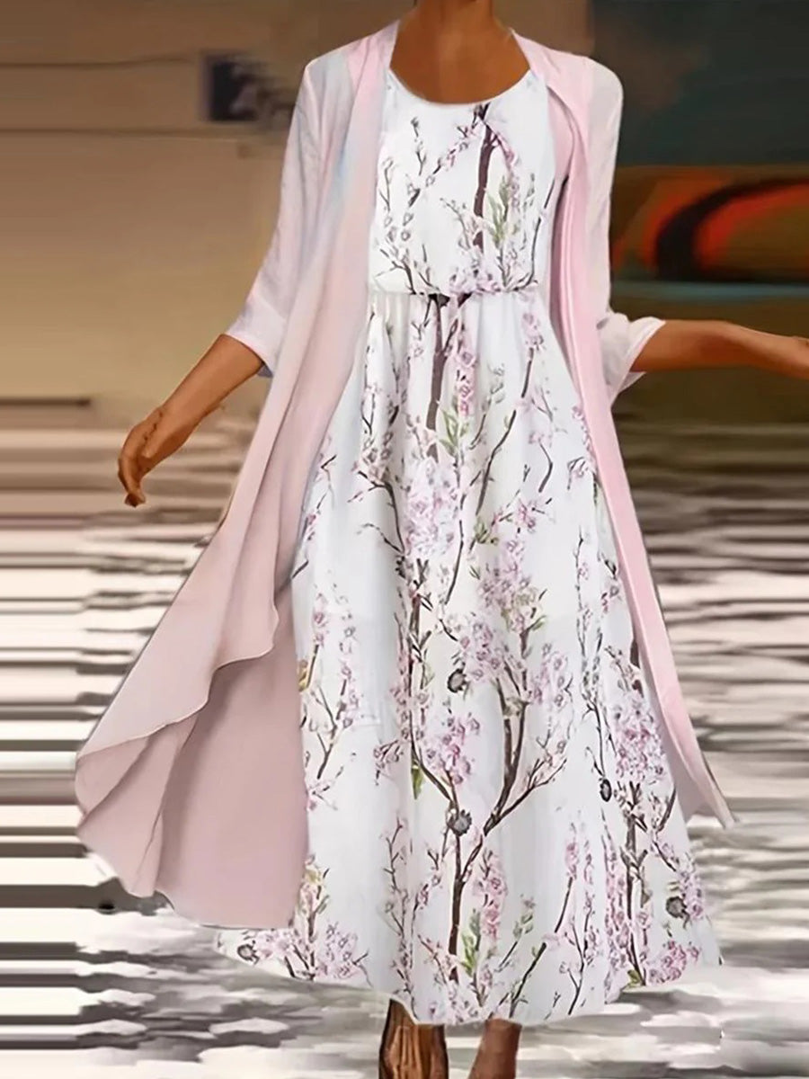LilyWish Sweet Pink Floral Print Round Neck 3/4 Sleeve Maxi Dress With Outerwear
