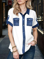 LilyWish Casual Patchwork Lapel Short Sleeve Blouse
