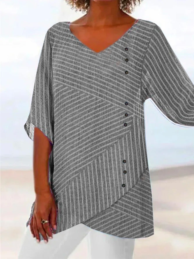 LilyWish Gray Casual V Neck Stripe Printed Half Sleeve Blouse