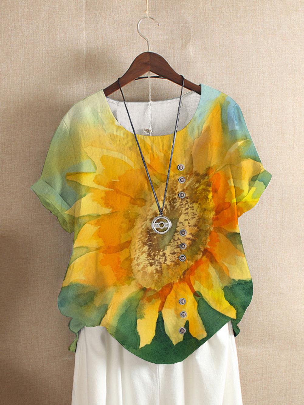 Solid Color Short Sleeve Button Summer Blouse