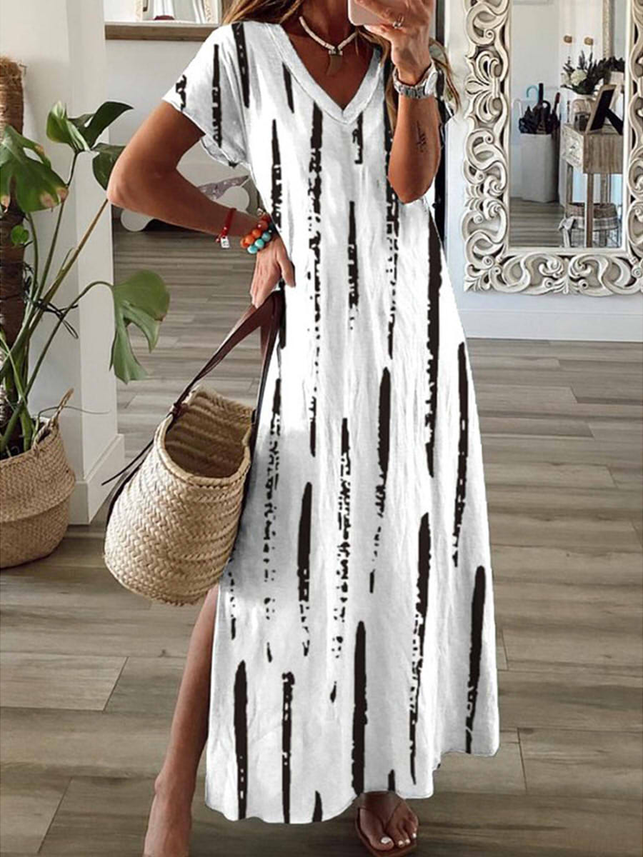 LilyWish Casual V-neck Short Sleeve Striped Maxi Dress