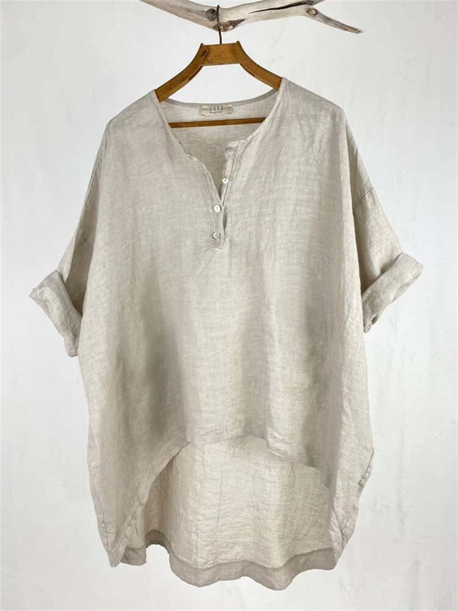 LilyWish Khaki V Neck High-Low Hem Long Sleeve Blouse