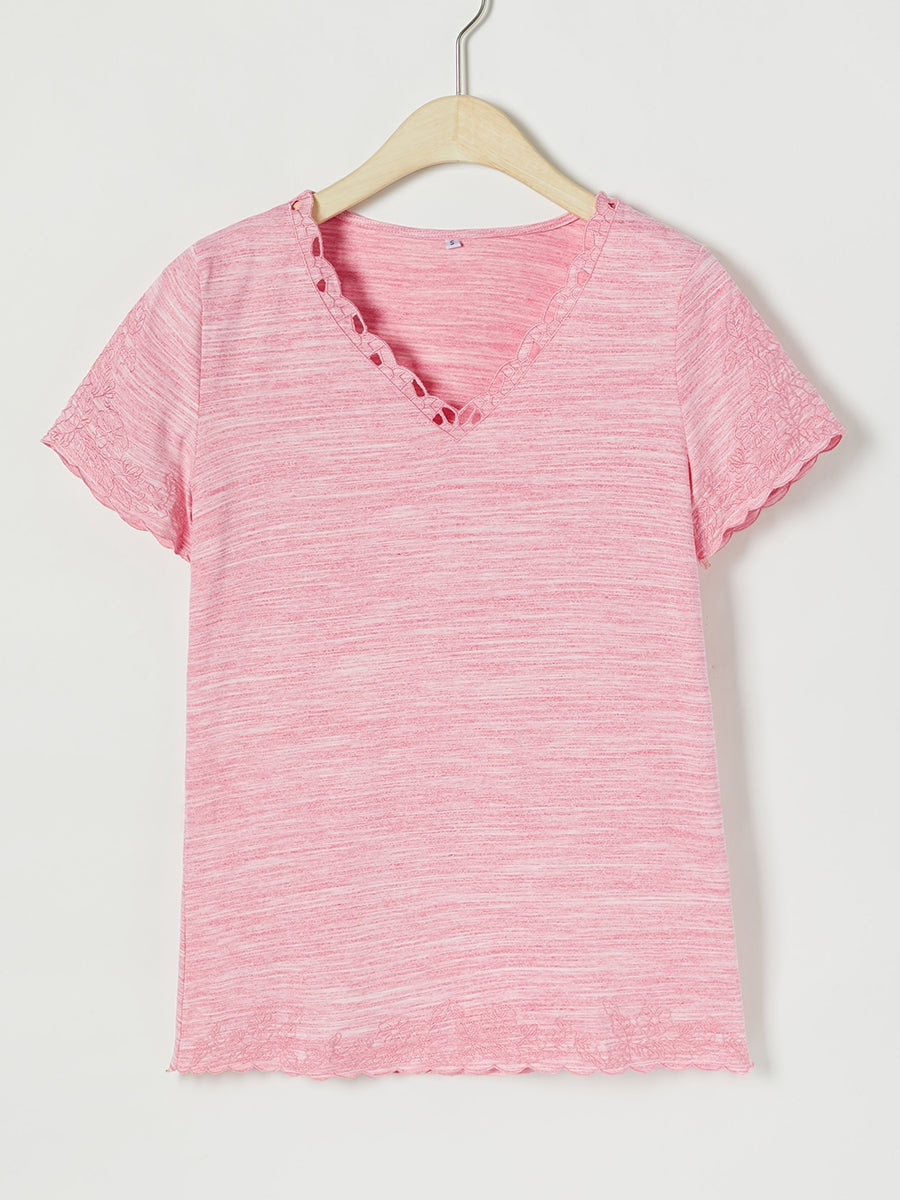 Casual Solid Embroidery V-neck Short Sleeve T-shirt