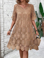 Khaki Lace Crew Neck Short Sleeve Hollow Out Short Dress