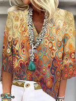 YellowCasual V Neck Printed 3/4 Sleeve Blouse