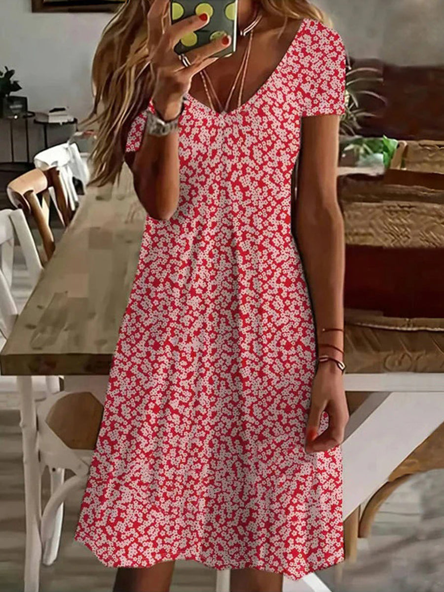 Casual Floral Print V-neck Short Sleeve Dress