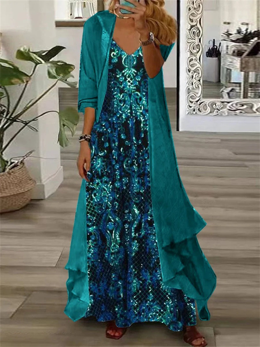 Women's Sleeveless Printed Maxi Dress with Open Front Cardigan Set