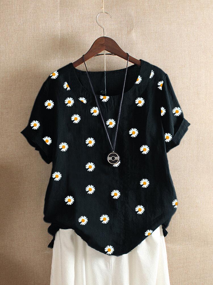 Daisy Floral Print Short Sleeve O-neck Blouse