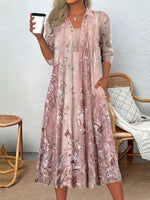 Women's Long Sleeve Scoop Neck Graphic Floral Printed Midi Dress