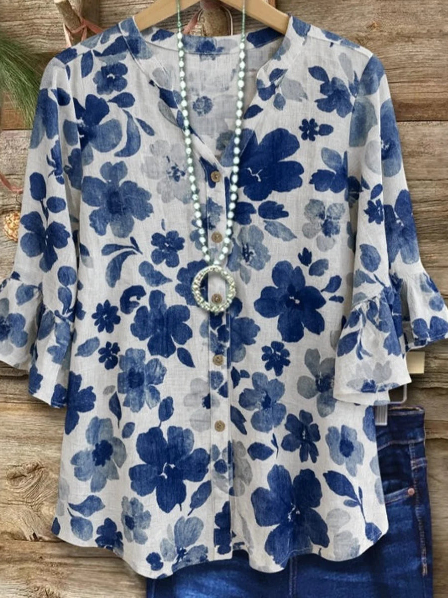LilyWish Stylish Floral Print Bell Sleeve Top
