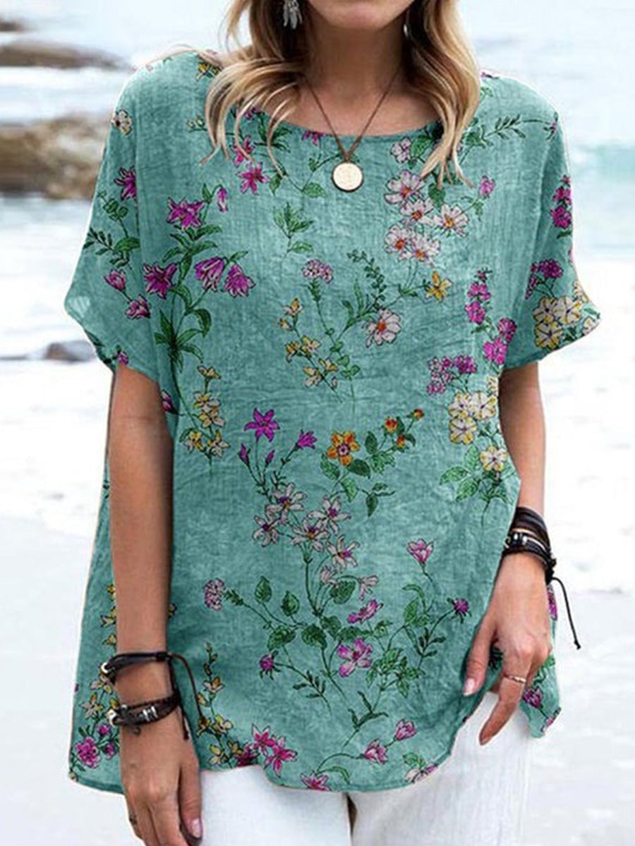 LilyWish Green Summer Floral Round Neck T-Shirt
