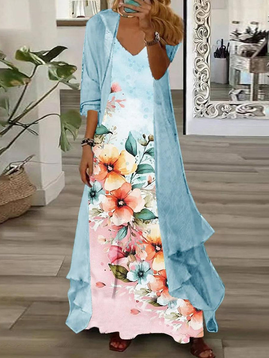 LilyWish Chic Blue Floral Print Maxi Dress With Outerwear