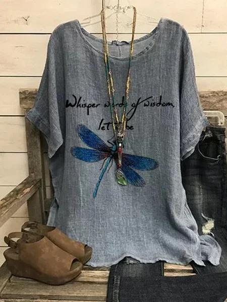 Dragonfly Printed Casual Crew Neck Short Sleeve Deep Gray Blouse