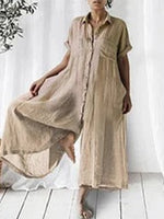Casual Solid Linen Loose Lapel Jumpsuit