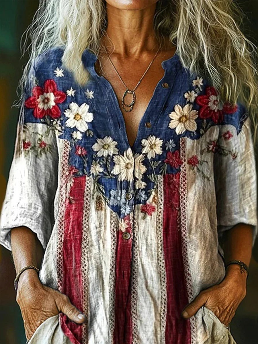 LilyWish Blue V-Neck 3/4 Sleeve Top